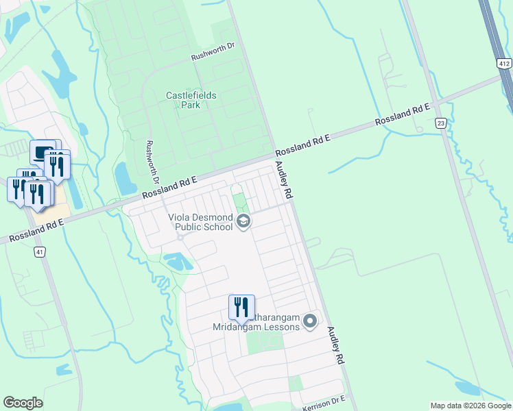 map of restaurants, bars, coffee shops, grocery stores, and more near 6 Blunden Road in Ajax