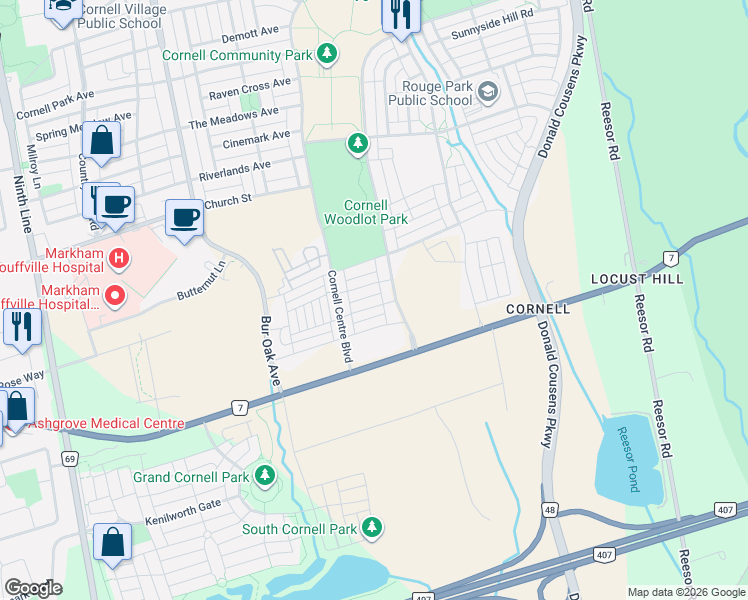 map of restaurants, bars, coffee shops, grocery stores, and more near 134 Frederick Wilson Avenue in Markham
