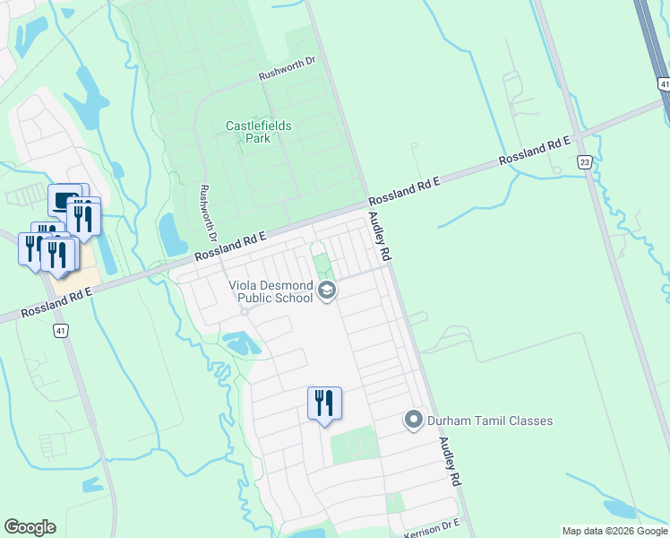 map of restaurants, bars, coffee shops, grocery stores, and more near 110 Goss Lane in Ajax