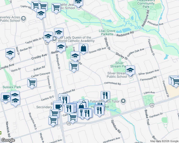map of restaurants, bars, coffee shops, grocery stores, and more near 114 Frank Endean Road in Richmond Hill