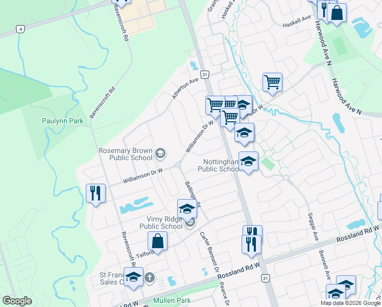 map of restaurants, bars, coffee shops, grocery stores, and more near 94 Tozer Crescent in Ajax