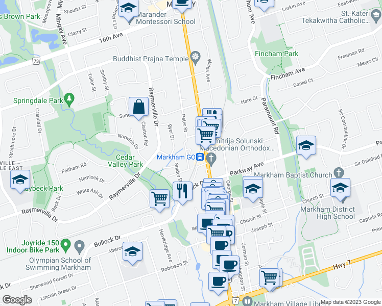 map of restaurants, bars, coffee shops, grocery stores, and more near 33 Marmill Way in Markham