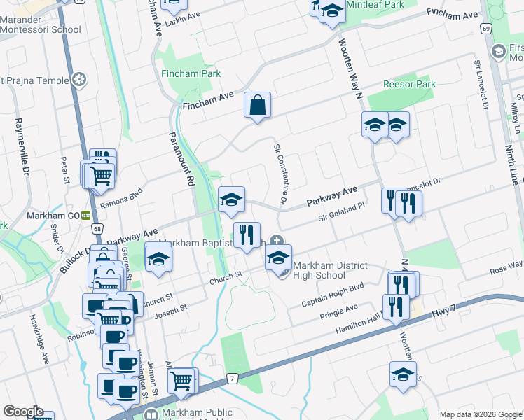 map of restaurants, bars, coffee shops, grocery stores, and more near 65 Parkway Avenue in Markham