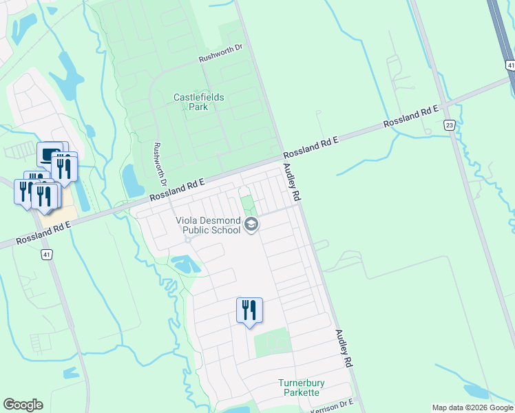 map of restaurants, bars, coffee shops, grocery stores, and more near 112 Goss Lane in Ajax