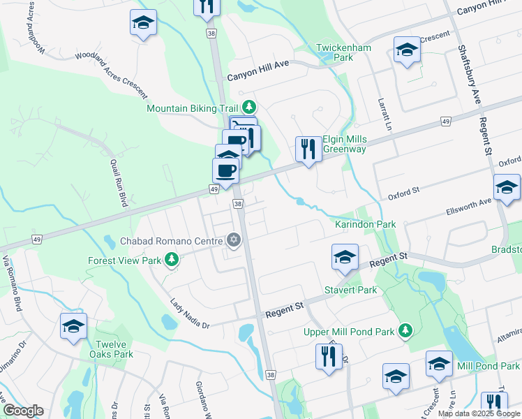 map of restaurants, bars, coffee shops, grocery stores, and more near Latchford Lane in Richmond Hill