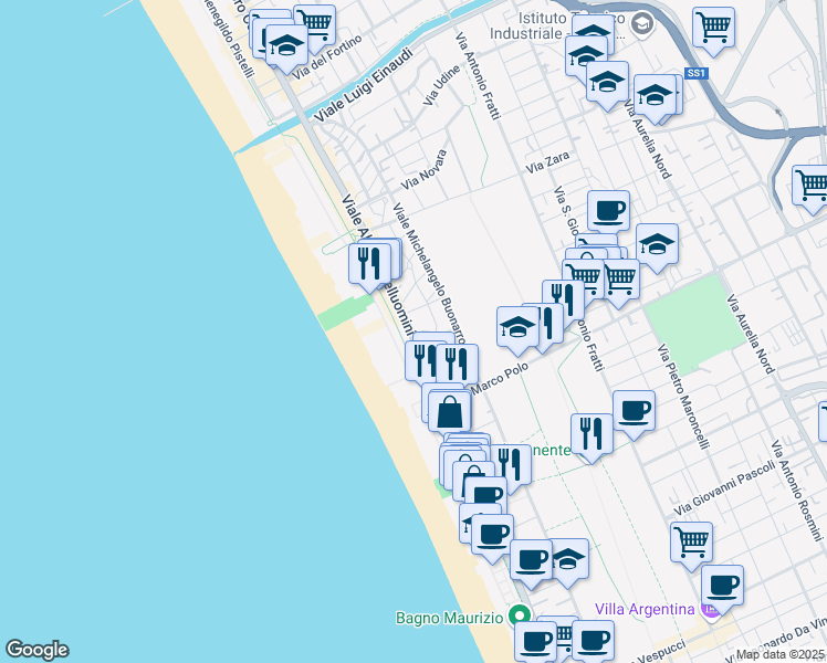 map of restaurants, bars, coffee shops, grocery stores, and more near 95 Viale Alfredo Belluomini in Viareggio