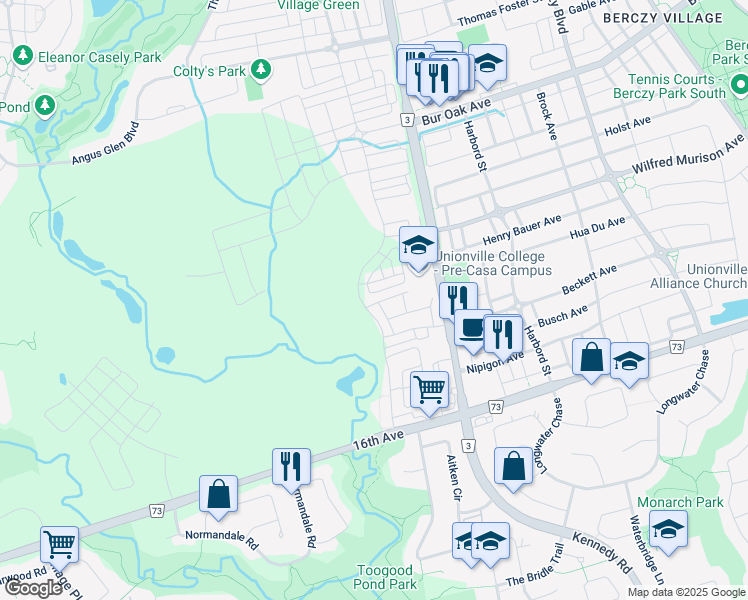 map of restaurants, bars, coffee shops, grocery stores, and more near 8 Creekvalley Lane in Markham