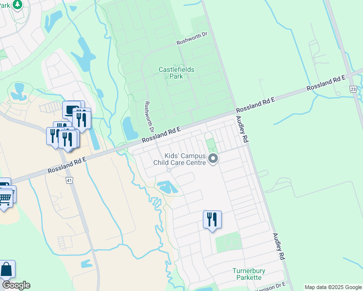 map of restaurants, bars, coffee shops, grocery stores, and more near 37 Chaston Road in Ajax