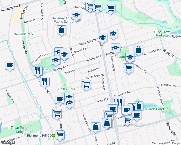 map of restaurants, bars, coffee shops, grocery stores, and more near 98 Cartier Crescent in Richmond Hill