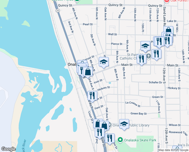 map of restaurants, bars, coffee shops, grocery stores, and more near 120 4th Avenue South in Onalaska