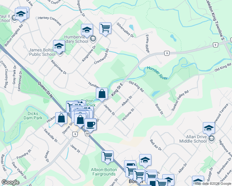 map of restaurants, bars, coffee shops, grocery stores, and more near 146 King Street East in Bolton
