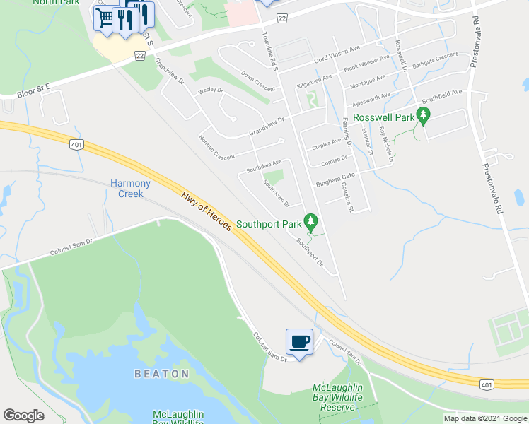 map of restaurants, bars, coffee shops, grocery stores, and more near 936 Southgate Drive in Oshawa