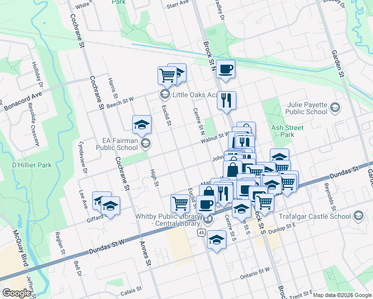 map of restaurants, bars, coffee shops, grocery stores, and more near 403 Walnut Street West in Whitby