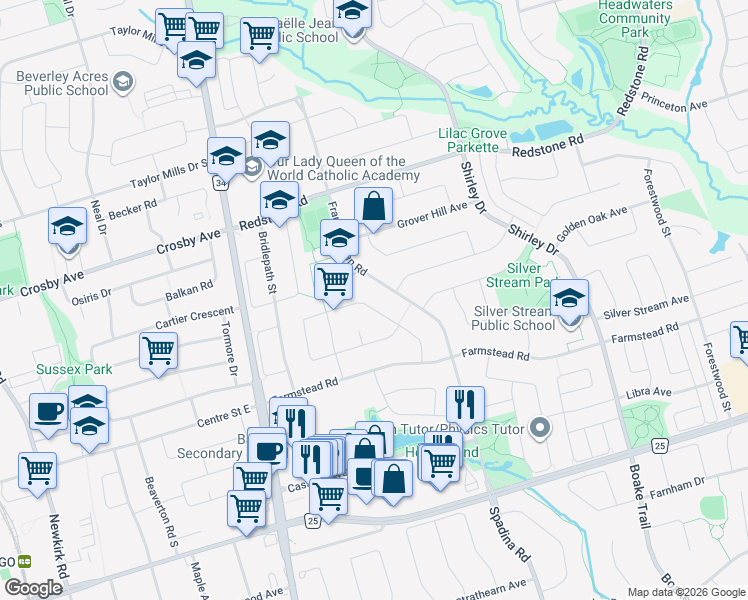 map of restaurants, bars, coffee shops, grocery stores, and more near 47 Alpine Crescent in Richmond Hill