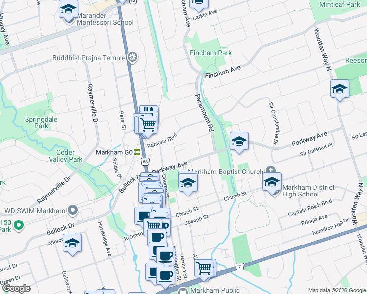 map of restaurants, bars, coffee shops, grocery stores, and more near 9 Orchard Street in Markham