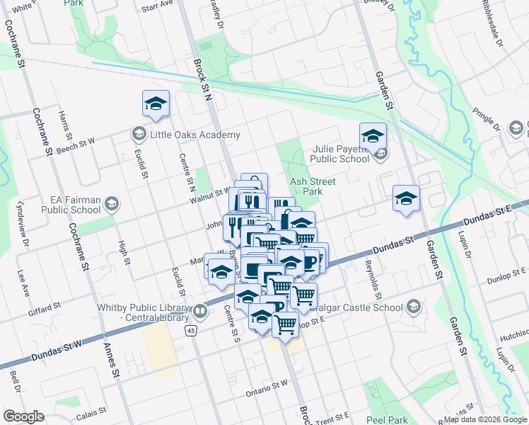 map of restaurants, bars, coffee shops, grocery stores, and more near 121 John Street East in Whitby
