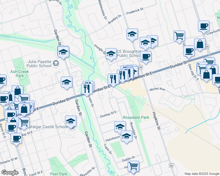 map of restaurants, bars, coffee shops, grocery stores, and more near 991 Dundas Street East in Whitby