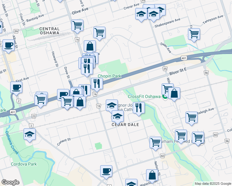 map of restaurants, bars, coffee shops, grocery stores, and more near 343 Bloor Street East in Oshawa