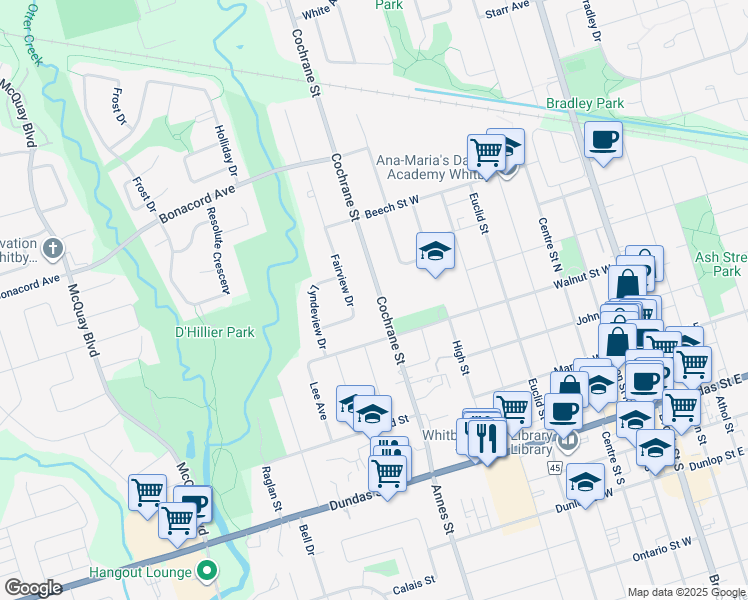 map of restaurants, bars, coffee shops, grocery stores, and more near 312 Cochrane Street in Whitby