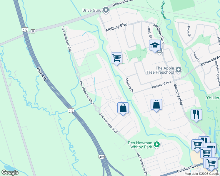 map of restaurants, bars, coffee shops, grocery stores, and more near 7 Lockyer Drive in Whitby