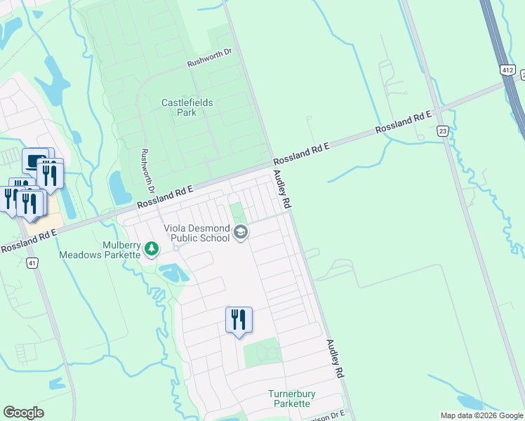 map of restaurants, bars, coffee shops, grocery stores, and more near 10 Linnell Street in Ajax