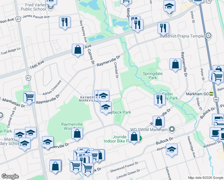 map of restaurants, bars, coffee shops, grocery stores, and more near 21 Rainsford Road in Markham
