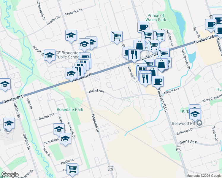 map of restaurants, bars, coffee shops, grocery stores, and more near 90 Magpie Way in Whitby