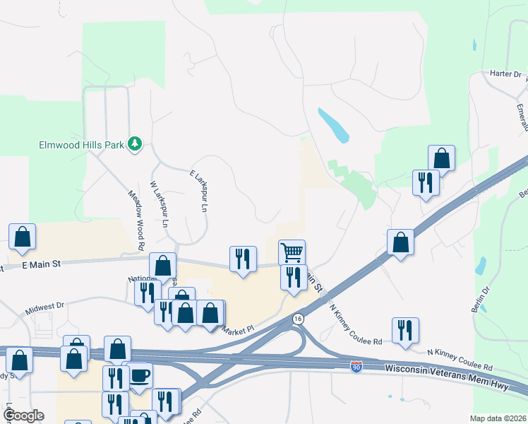 map of restaurants, bars, coffee shops, grocery stores, and more near 3031 Wild Rose Lane in Onalaska