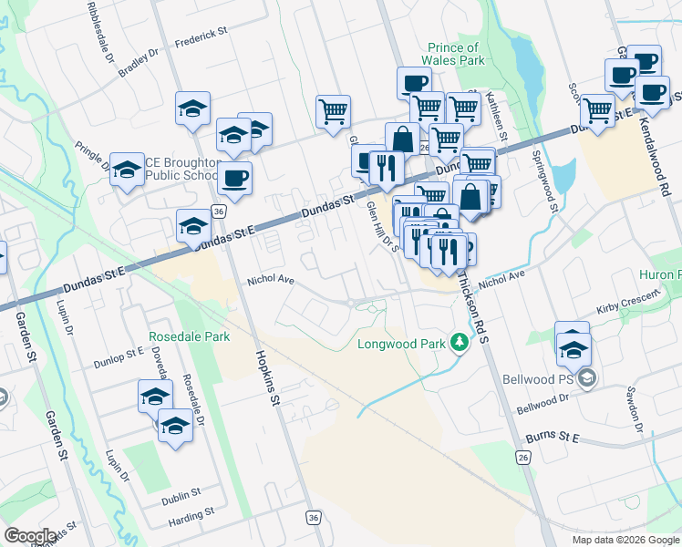 map of restaurants, bars, coffee shops, grocery stores, and more near Magpie Way in Whitby
