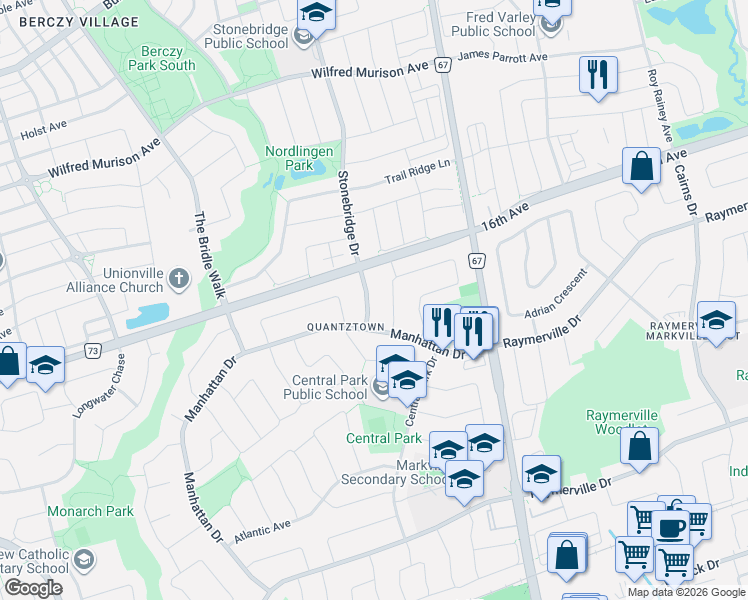 map of restaurants, bars, coffee shops, grocery stores, and more near 11 Saratoga Road in Markham