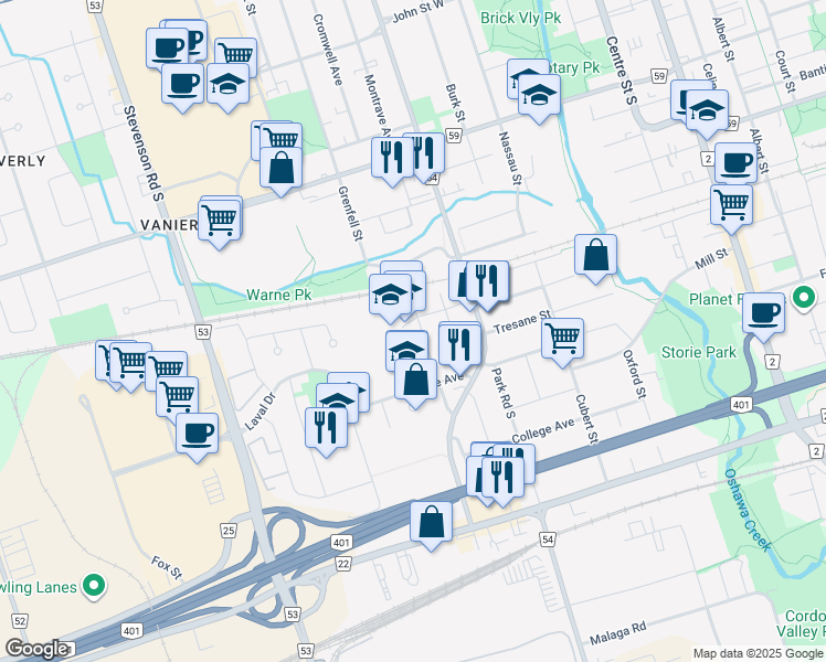map of restaurants, bars, coffee shops, grocery stores, and more near 446 Cromwell Avenue in Oshawa