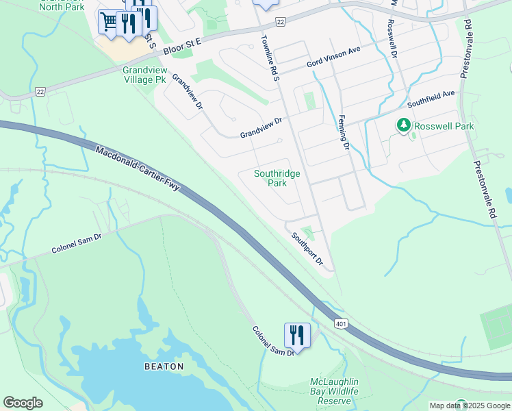 map of restaurants, bars, coffee shops, grocery stores, and more near 936 Southgate Drive in Oshawa