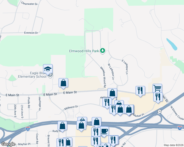 map of restaurants, bars, coffee shops, grocery stores, and more near W5810 Hickory Point Court in Onalaska