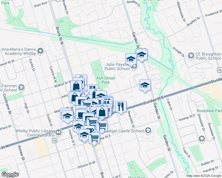 map of restaurants, bars, coffee shops, grocery stores, and more near 200 Railway Engine House Way in Whitby
