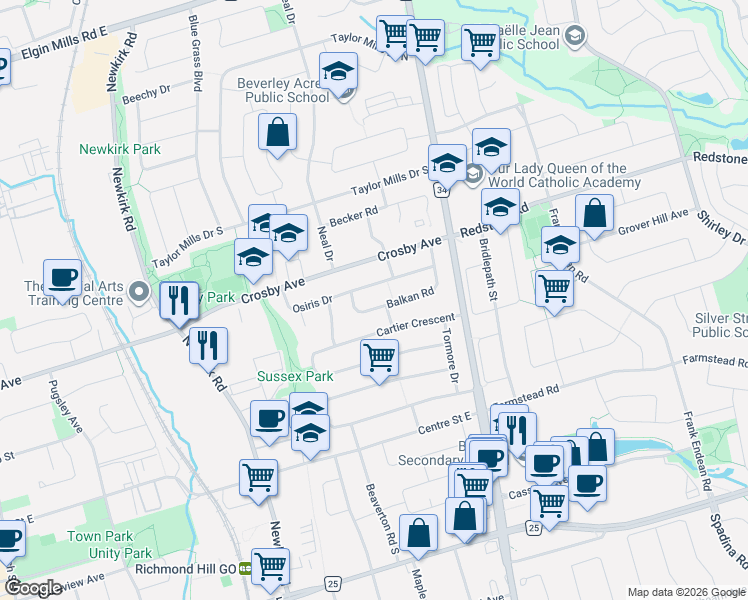 map of restaurants, bars, coffee shops, grocery stores, and more near 393 Balkan Road in Richmond Hill
