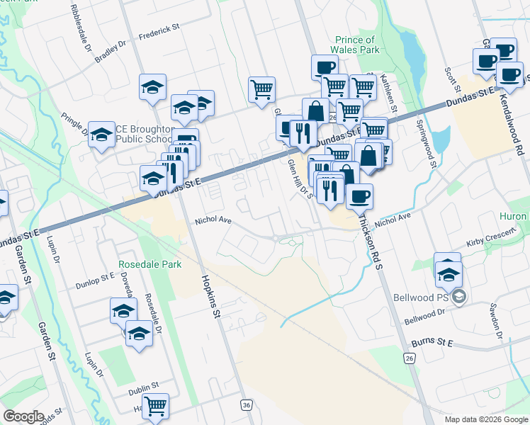 map of restaurants, bars, coffee shops, grocery stores, and more near 67 Magpie Way in Whitby