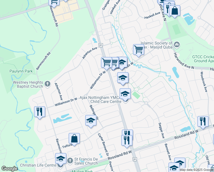 map of restaurants, bars, coffee shops, grocery stores, and more near 43 Tozer Crescent in Ajax