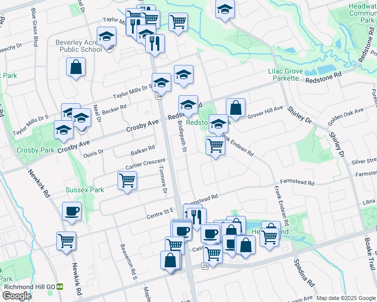 map of restaurants, bars, coffee shops, grocery stores, and more near 4 Queensway Drive in Richmond Hill