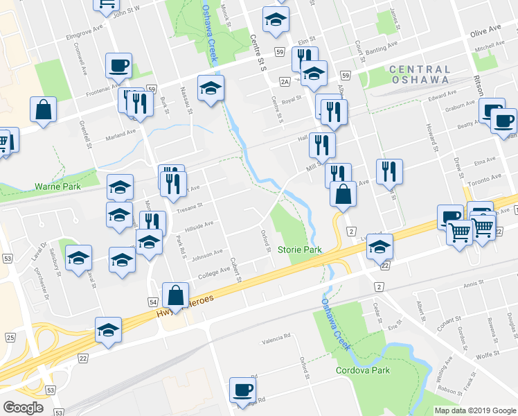 map of restaurants, bars, coffee shops, grocery stores, and more near in Oshawa