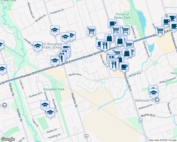 map of restaurants, bars, coffee shops, grocery stores, and more near 105 Magpie Way in Whitby