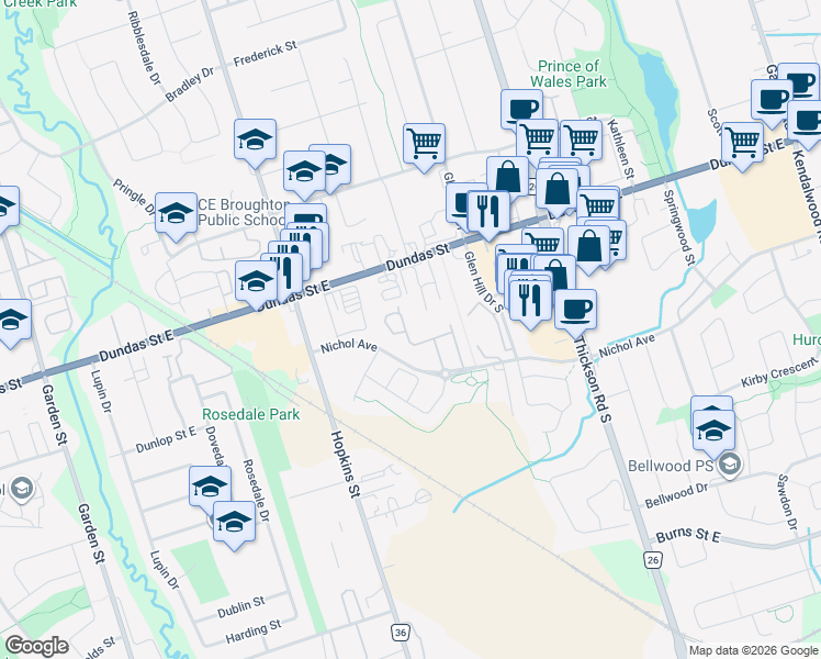 map of restaurants, bars, coffee shops, grocery stores, and more near 105 Magpie Way in Whitby