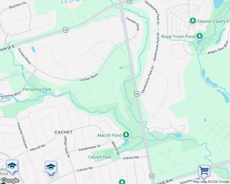 map of restaurants, bars, coffee shops, grocery stores, and more near 30 Bernadotte Drive in Markham