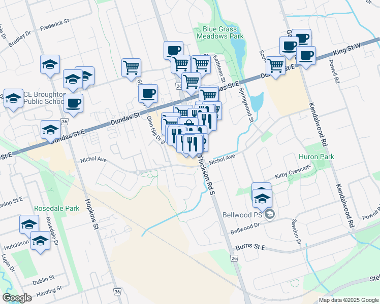 map of restaurants, bars, coffee shops, grocery stores, and more near 82 Thickson Road South in Whitby