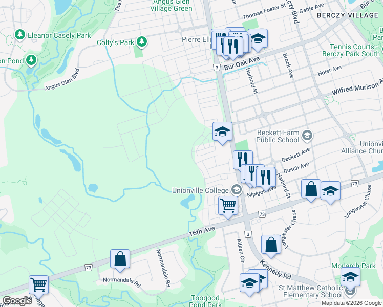 map of restaurants, bars, coffee shops, grocery stores, and more near Yorkton Boulevard in Markham