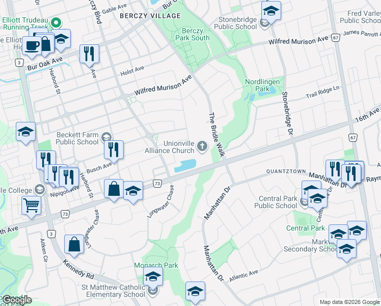 map of restaurants, bars, coffee shops, grocery stores, and more near 49 William Bartlett Drive in Markham