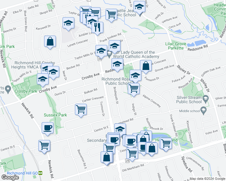 map of restaurants, bars, coffee shops, grocery stores, and more near 78 Bridlepath Street in Richmond Hill