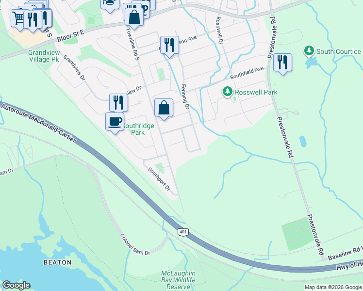 map of restaurants, bars, coffee shops, grocery stores, and more near 7 Dudley Court in Clarington