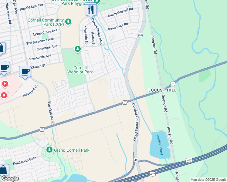 map of restaurants, bars, coffee shops, grocery stores, and more near 59 Stauffer Crescent in Markham