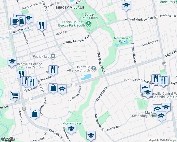 map of restaurants, bars, coffee shops, grocery stores, and more near 49 William Bartlett Drive in Markham