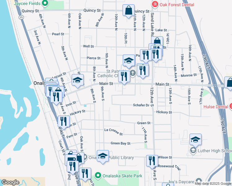map of restaurants, bars, coffee shops, grocery stores, and more near 949 Westview Circle Drive in Onalaska